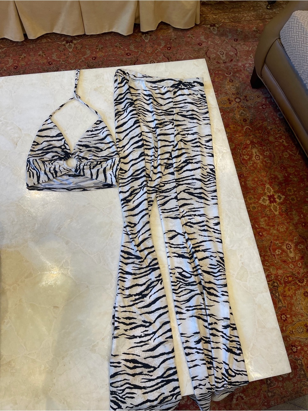 Fashion Nova Black & White Zebra Print Bandeau Top and Pants Set